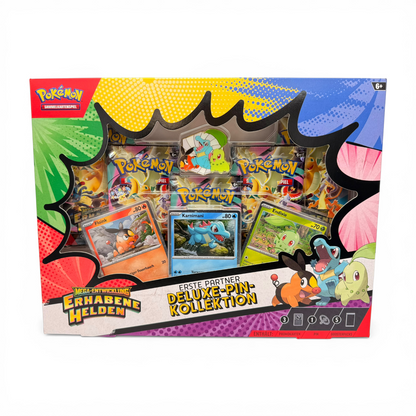 Pokémon, Pokemon TCG, Pokémon Sammelkartenspiel, Erste Partner, Deluxe-Pin-Kollektion, Endivie, Floink, Karnimani, Mega-Entwicklung, Erhabene Helden, Boosterpacks, Promokarten, Pin, Sammlung, Neuware, Deutsch, Geschenkidee