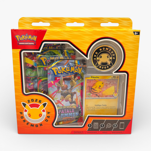 Pokémon TCG Pokémon Day 2026 Kollektion DE – Pikachu Promokarte, Münze und 3 Boosterpacks (neu, OVP)