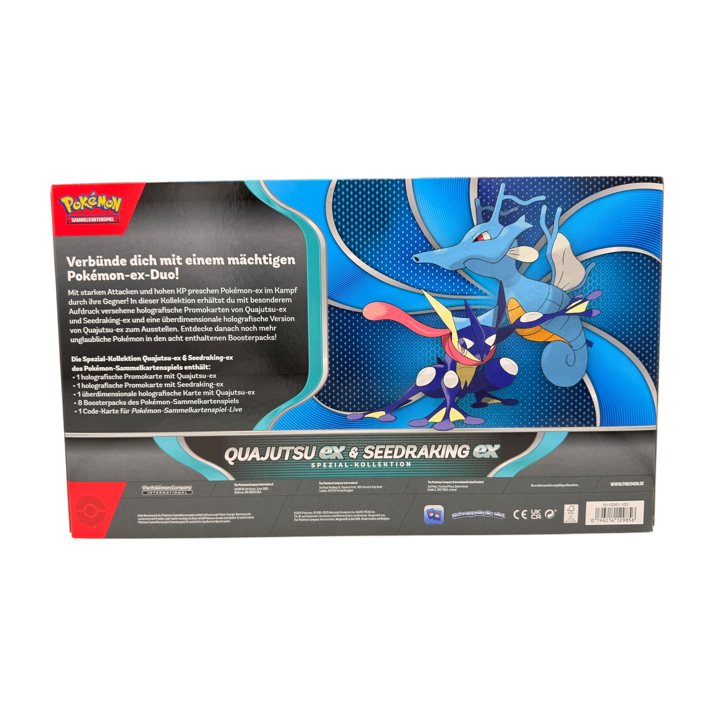 Pokémon TCG Quajutsu-ex & Seedraking-ex Spezial-Kollektion (DE) – Rückseite mit Inhalt und Produktinfos