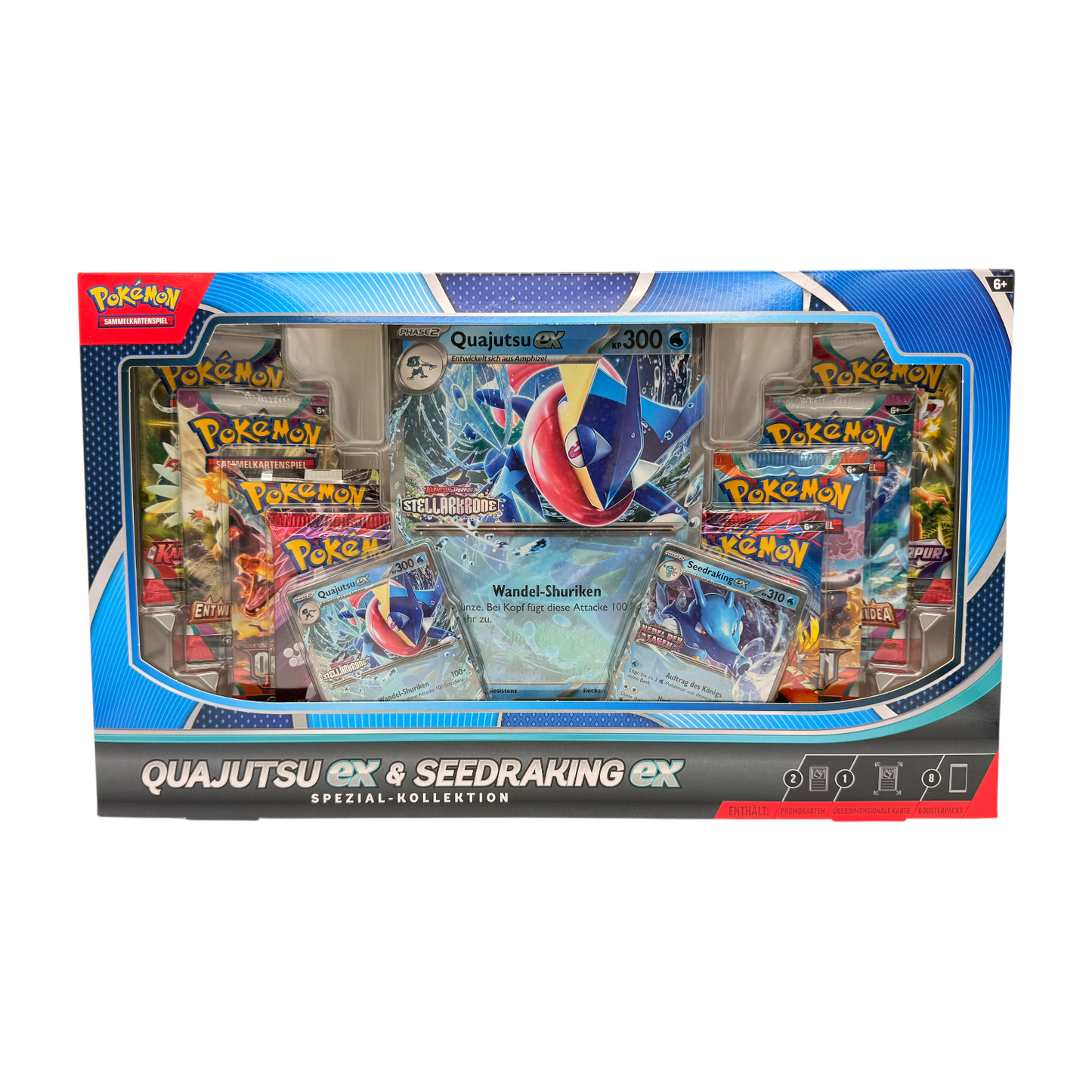 Pokémon TCG Quajutsu-ex & Seedraking-ex Spezial-Kollektion (DE) – Vorderseite mit Promokarten und Jumbo-Karte